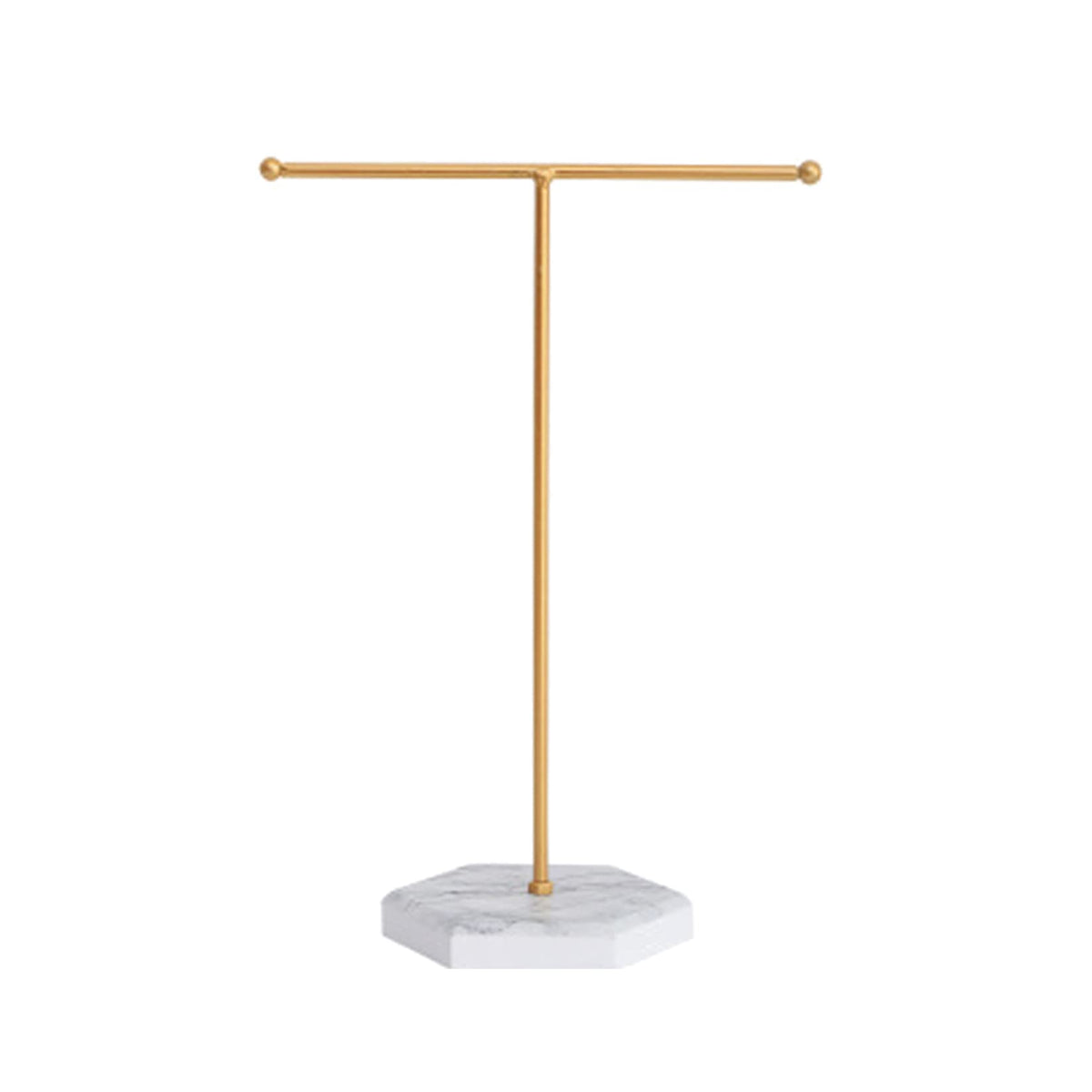 T-Bar Jewelry Display Stand, Plated Metal with White Marble Base, 10.2 in