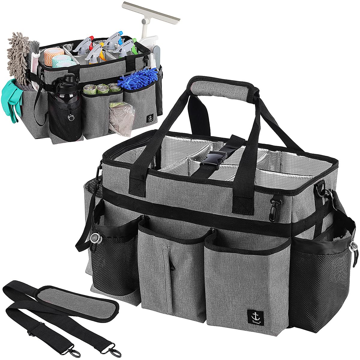 Wearable Cleaning Caddy Bag with Shoulder Strap and Waist Belt, Grey
