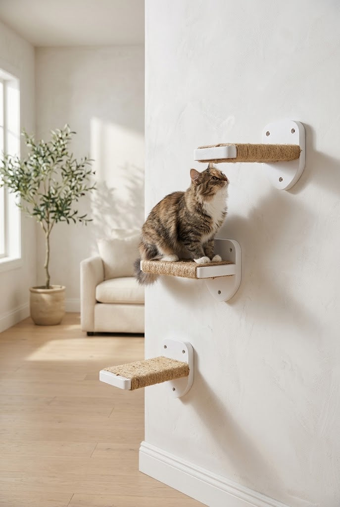 Wall-Mounted Hemp Rope Cat Steps with Scratching Pads, 3 Pack, White