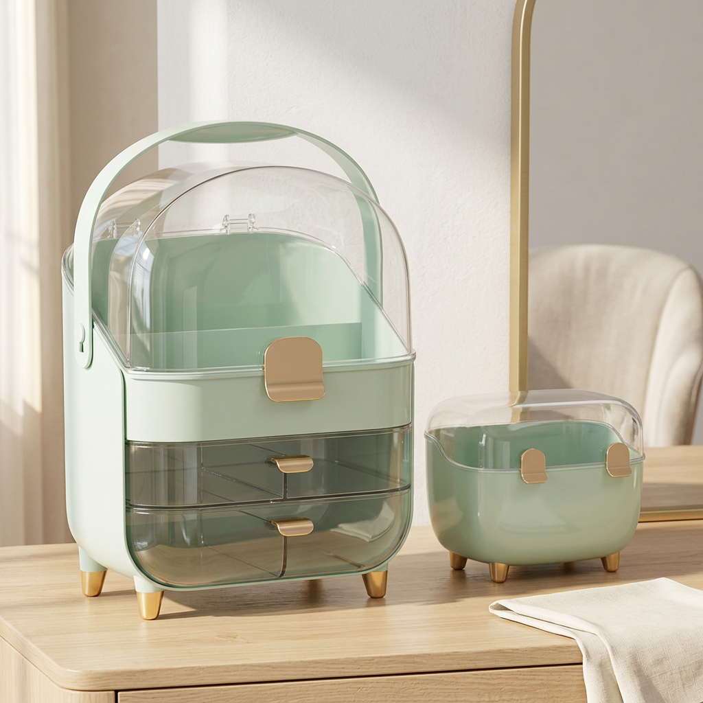 3-Tier Dustproof Makeup and Skincare Organizer with Lid, Green