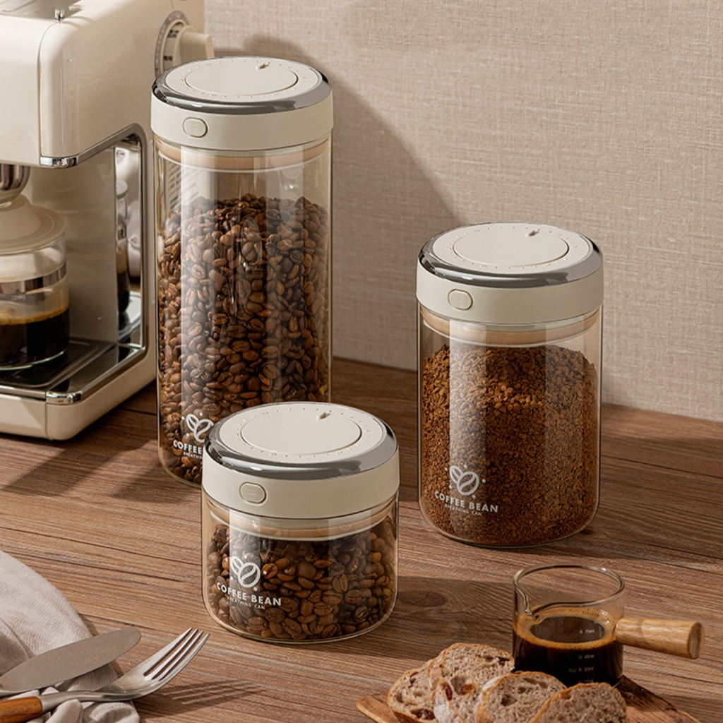 Vacuum-Seal Glass Coffee Bean Canister, 500 to 1700 ml