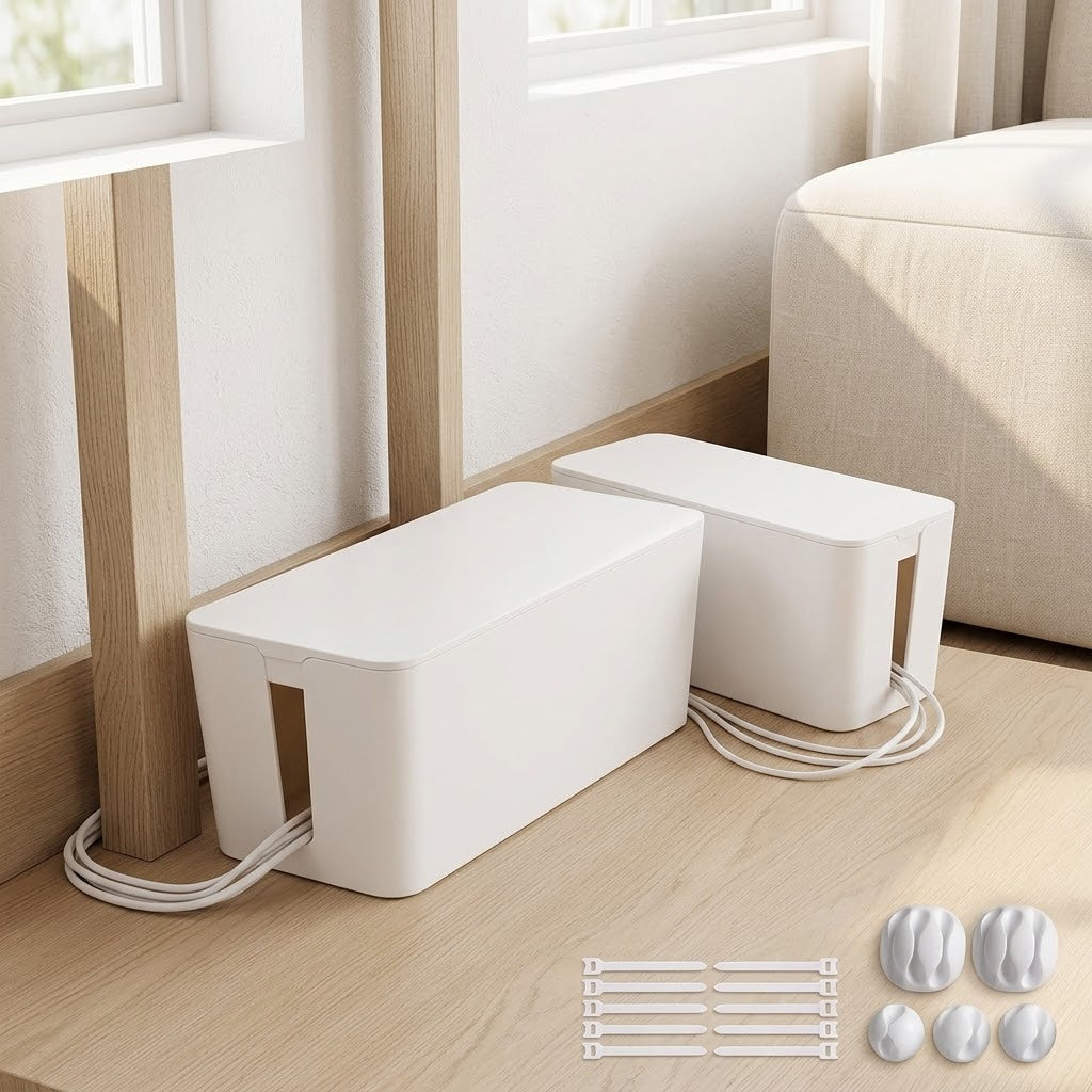 Cable Management Box Set, Large and Medium, with 17-Piece Kit, White