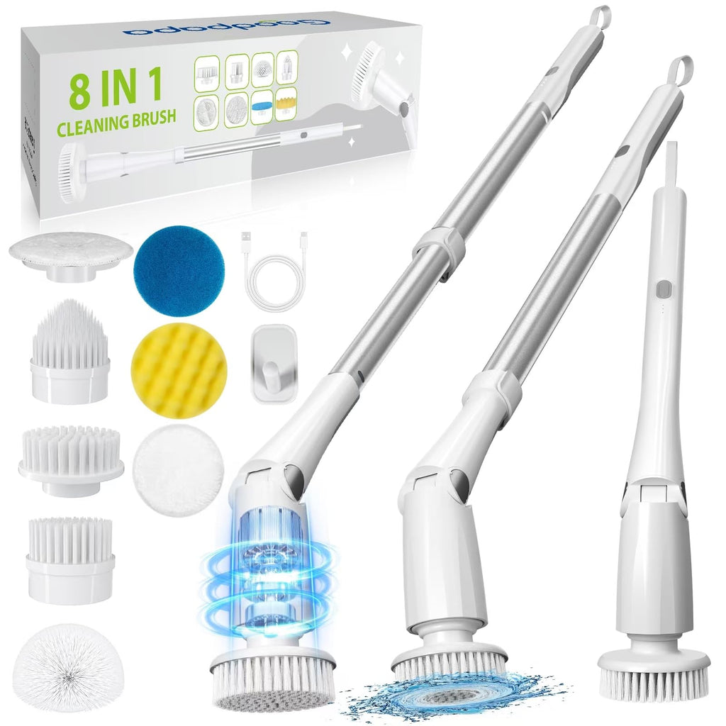 Cordless Electric Spin Scrubber with Long Handle and 8 Brush Heads