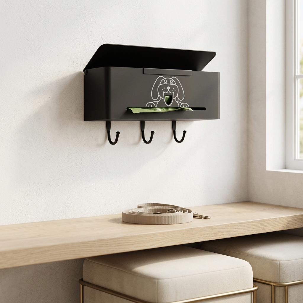 Wall-Mount Metal Dog Poop Bag Dispenser with Hooks, Black