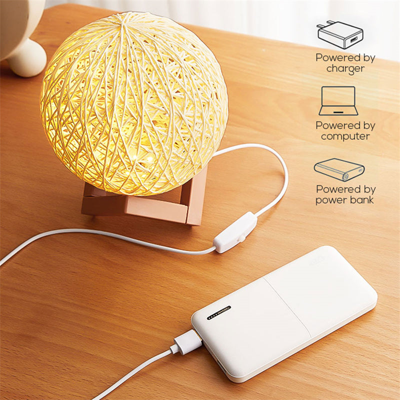 Rattan Ball LED Table Lamp, USB, Warm White, 15 cm