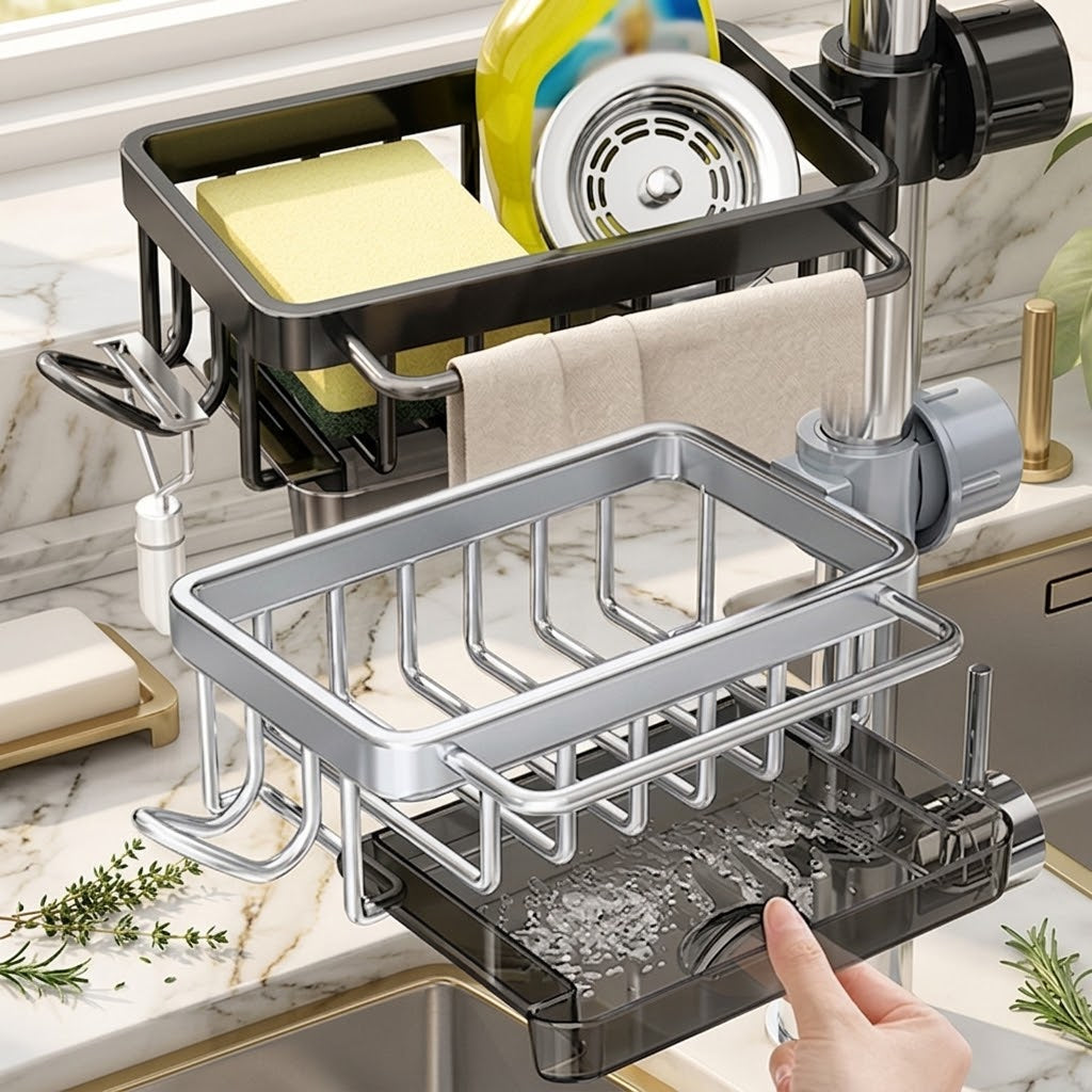 Aluminum Faucet-Mount Sink Organizer with Drip Tray and Towel Hook, Silver
