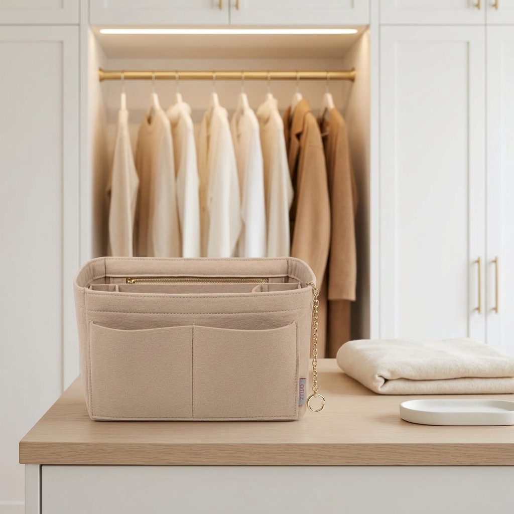 Felt Purse Organizer Insert with Zipper, Slender Large, Beige