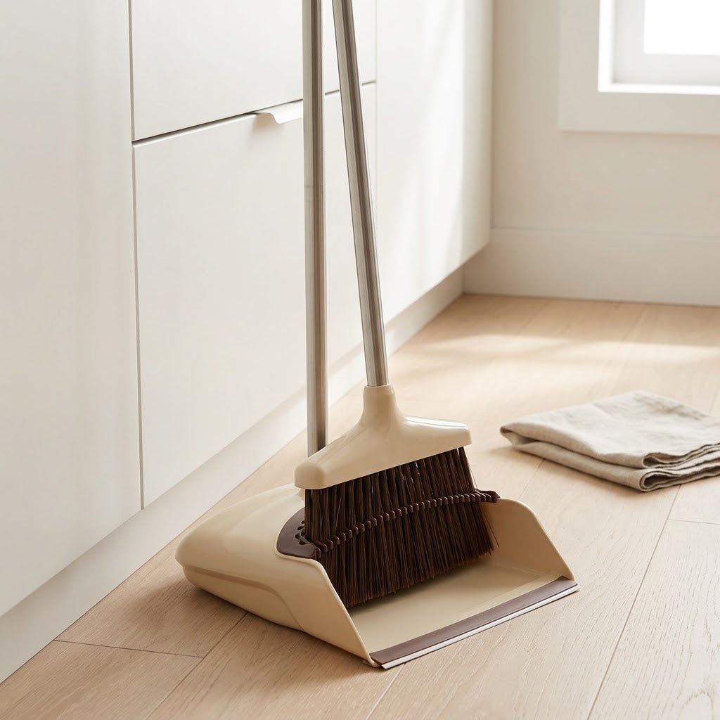 Long Handle Broom and Dustpan Set with 4-Row Bristles, 48 in, Brown