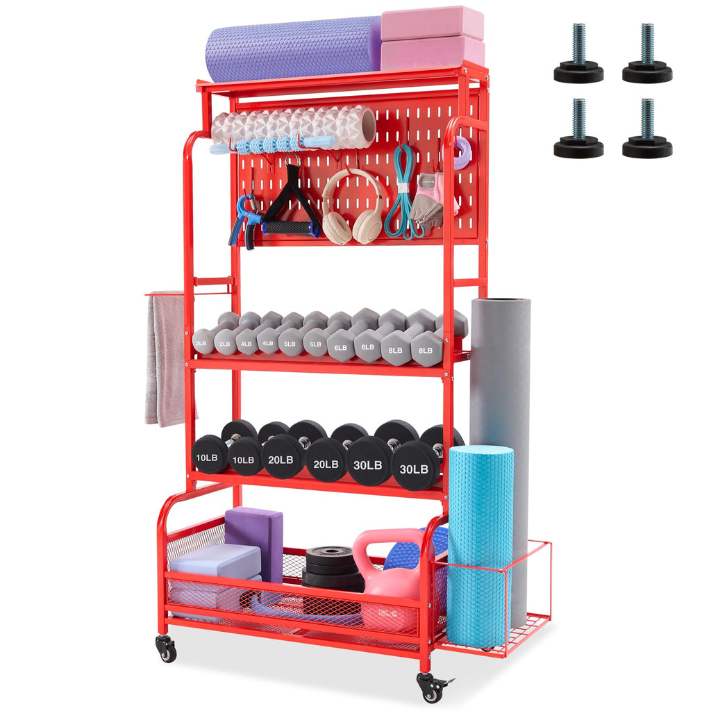 56 in Tall Home Gym Storage Rack with Pegboard and Wheels, Red