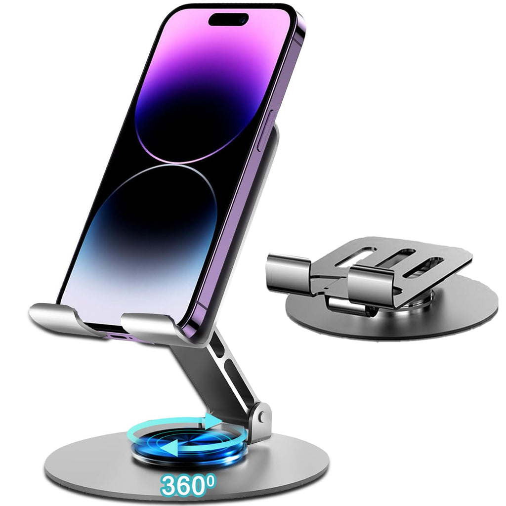 Metal Phone and Tablet Cradle, Foldable with 360° Rotation, Silver Grey