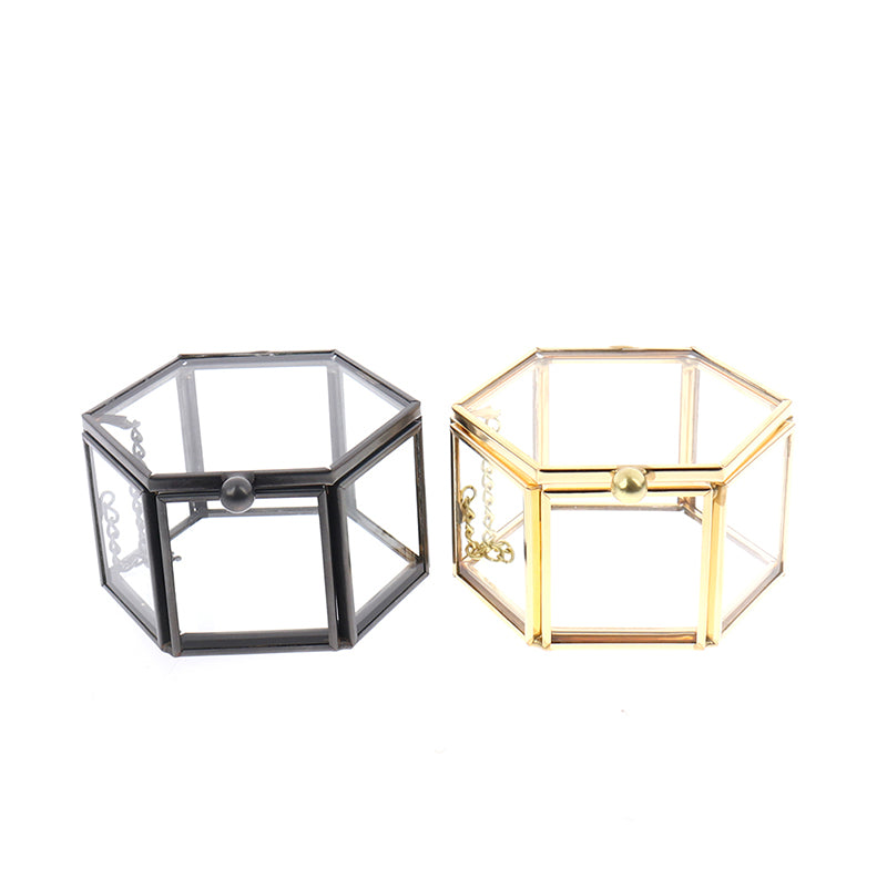 Hexagonal Clear Crystal Jewelry Box with Gold Trim, 8 x 7 cm
