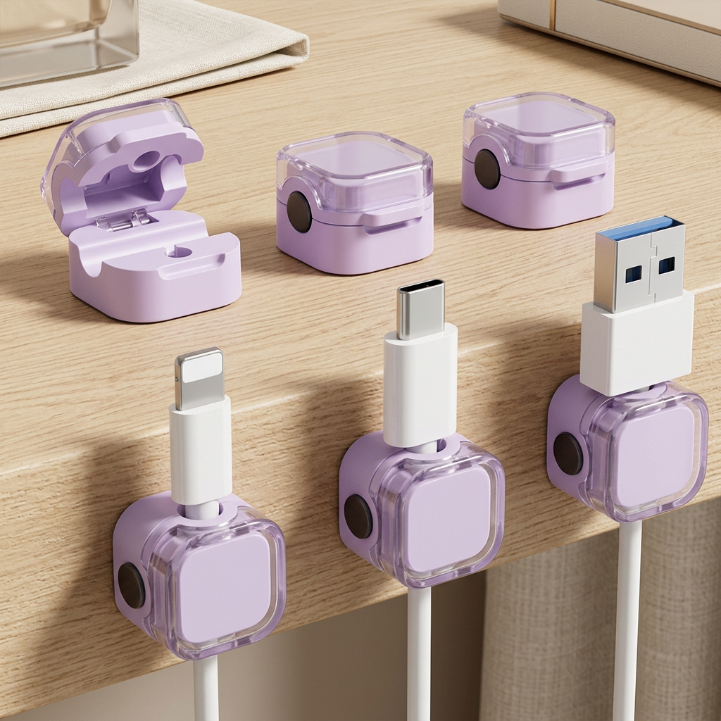 Magnetic Lock Cable Clips with Rotating Shaft, 6 Pack, Lavender