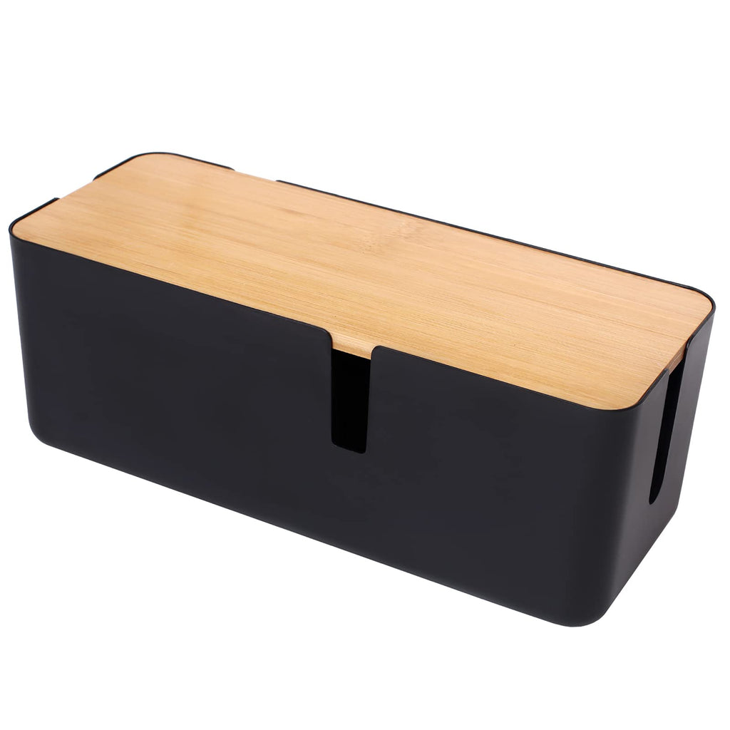 Cable Management Box with Bamboo Lid for Surge Protectors, Black