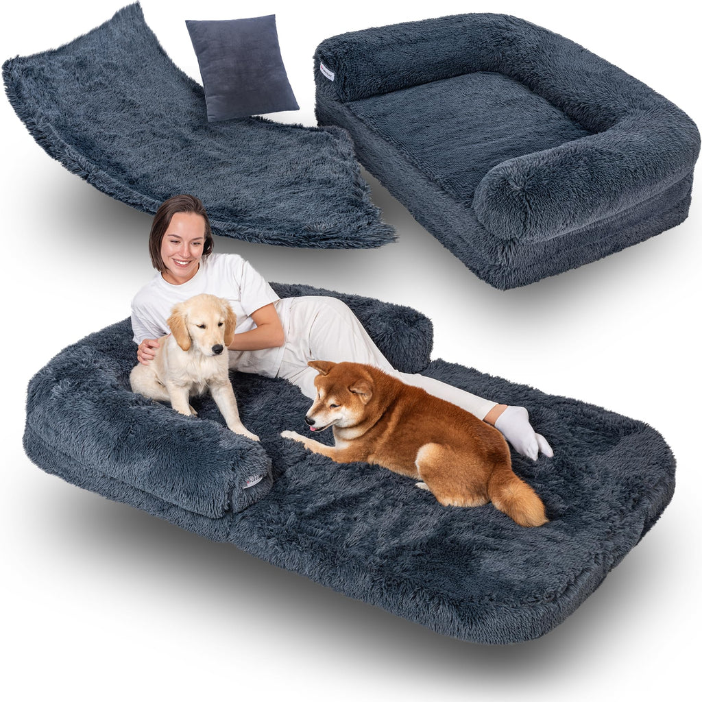 Foldable Human-Size Dog Bed with Memory Foam and Faux Fur, Dark Grey