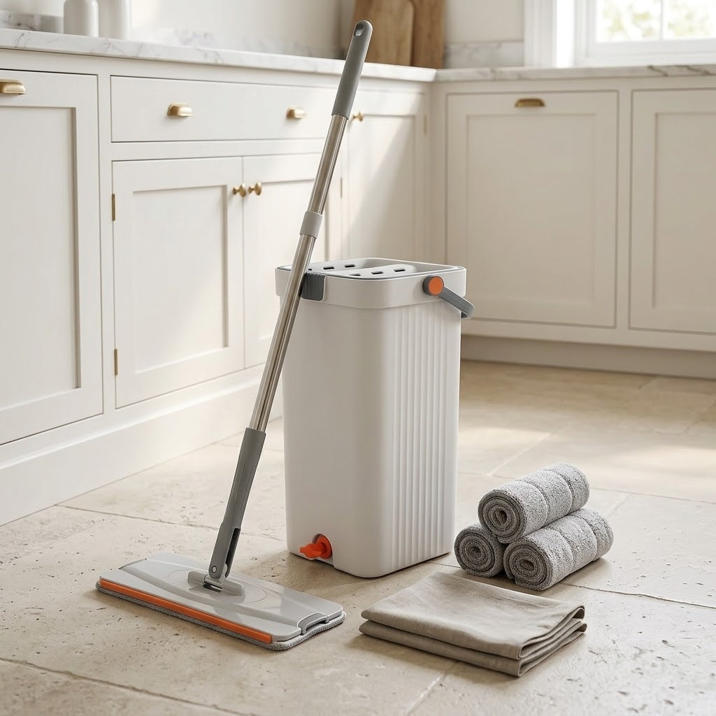 Hands-Free Flat Mop and Bucket System with 60 in Handle, 4 Pads