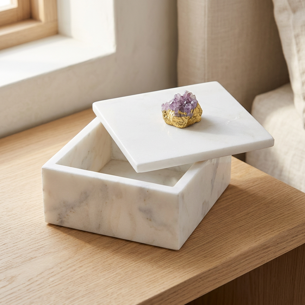 White Marble Box with Lid and Agate Knob, 6 x 6 x 3.5 in