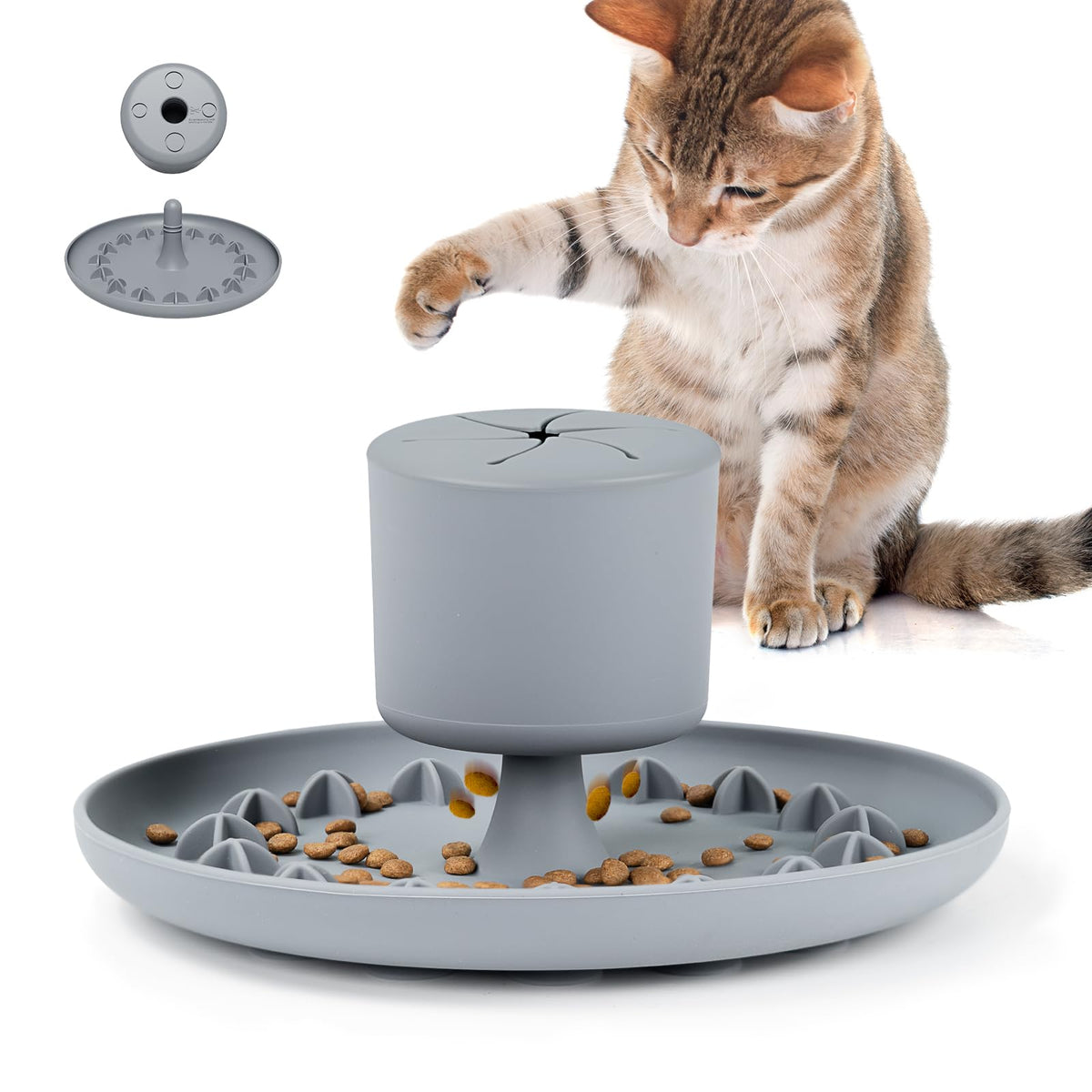 2-in-1 Wobble Slow Feeder Cat Bowl with Suction Base, Grey
