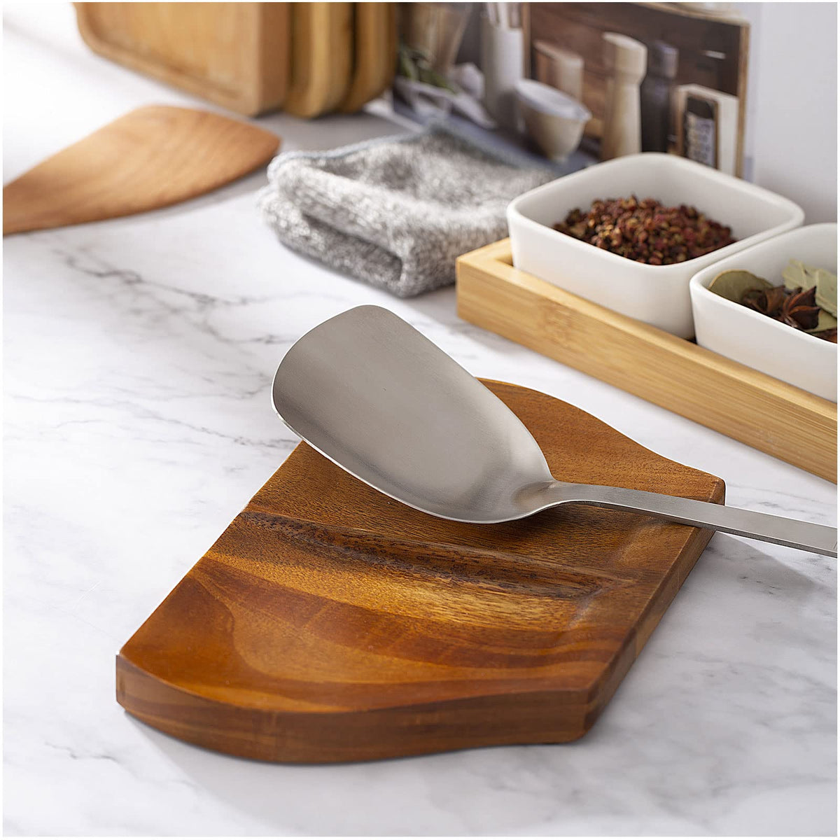Acacia Wood Double Spoon Rest with Silicone Feet, 9.8 in