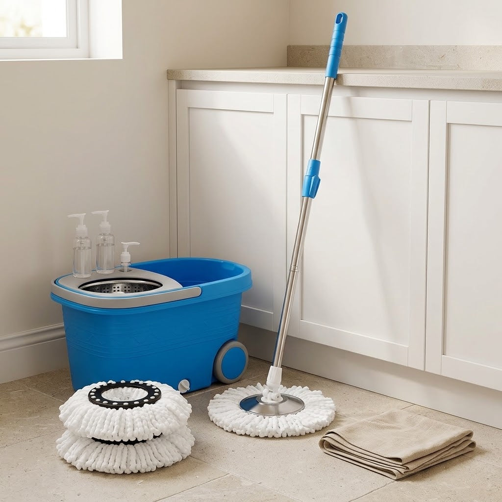 Spin Mop and Bucket on Wheels with 61 in Handle and 3 Microfiber Heads