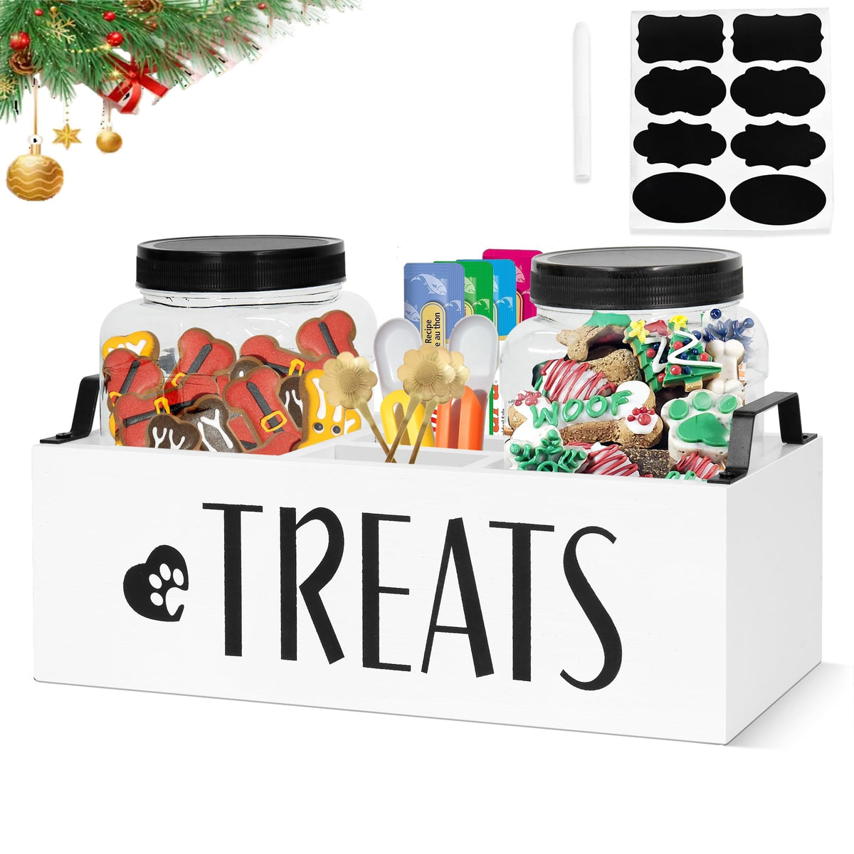 Farmhouse Wood Dog Treat Caddy with 2 Jars and Handle, White