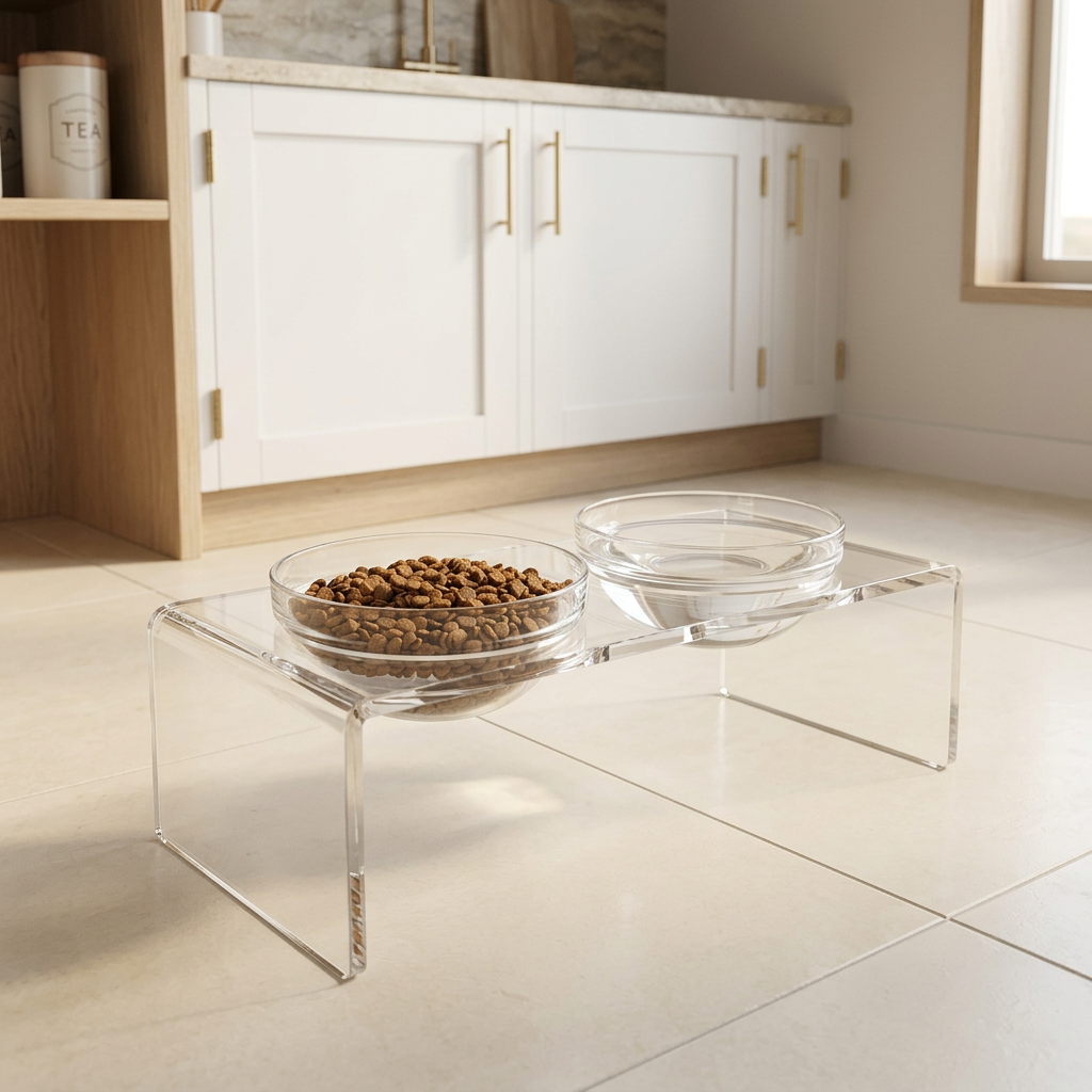 Clear Acrylic Raised Dog Feeder with Glass and Steel Bowls, 7.2 in