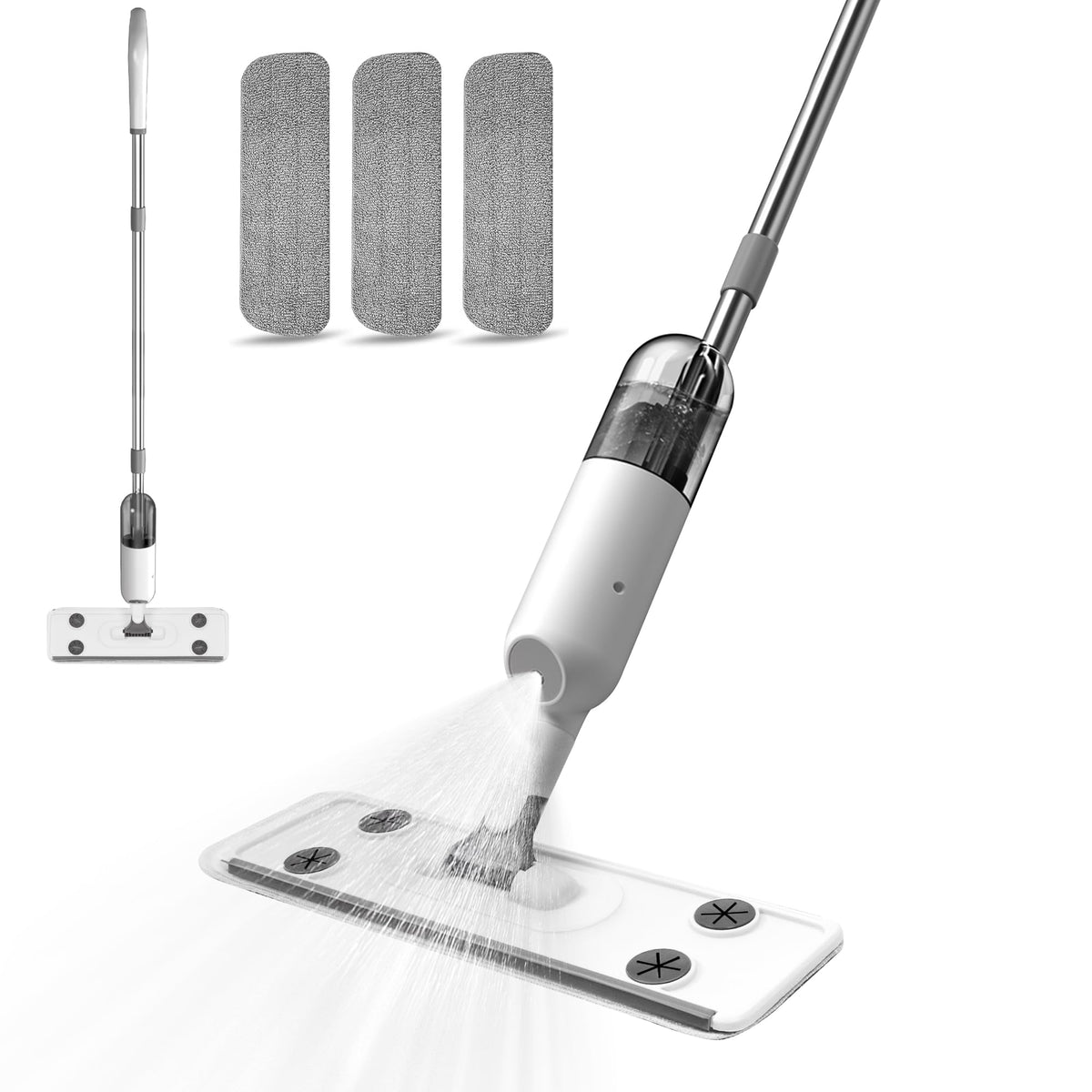 Spray Mop with 350 ml Bottle, Silicone Scraper and 3 Pads, White