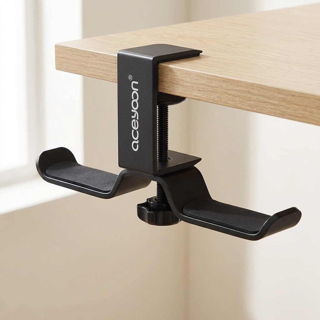 Under-Desk Dual Headphone Hanger with 360° Rotating Arms, Black