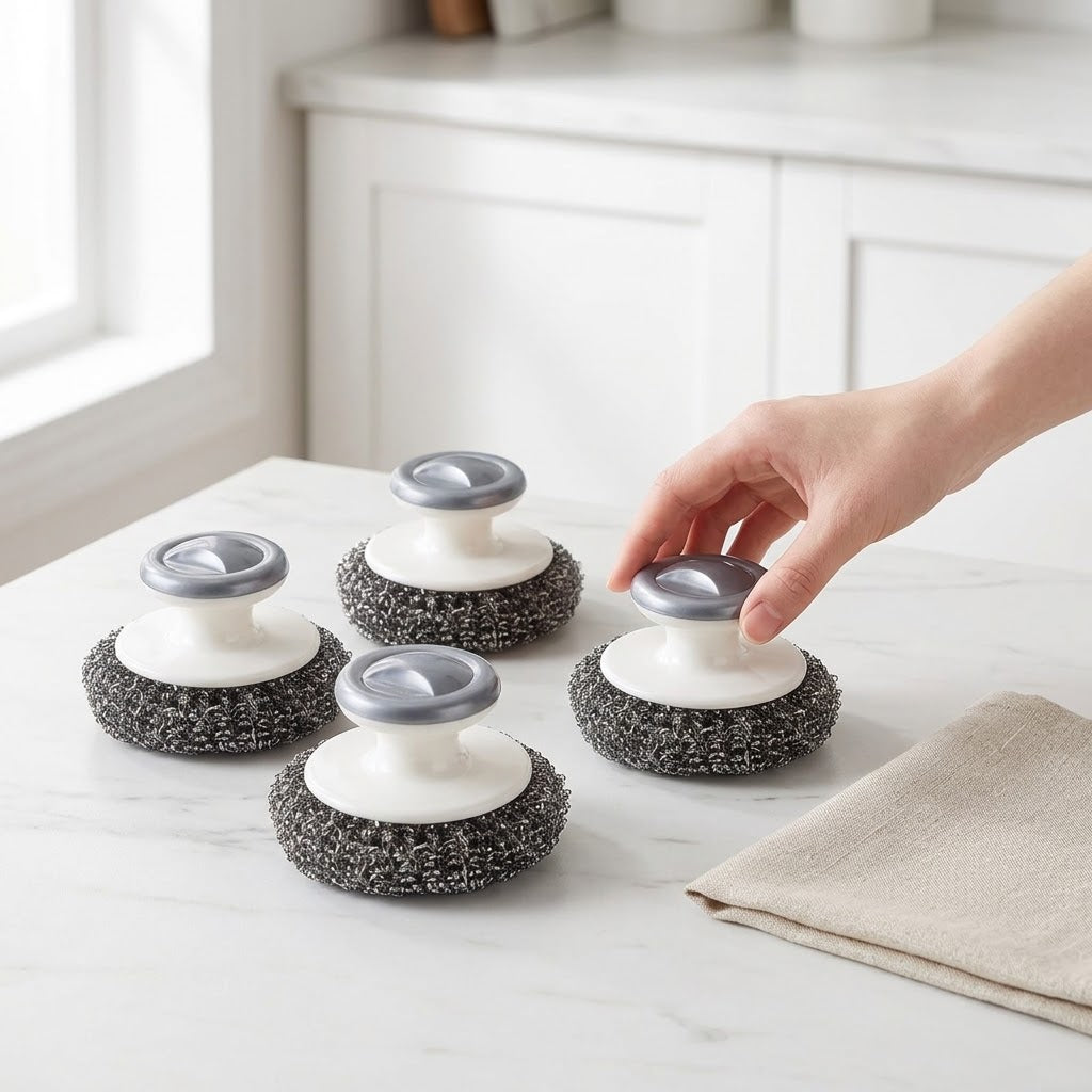 Stainless Steel Wool Scrubbers with Handle, Heavy Duty, 4-Pack