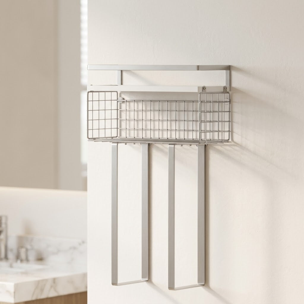 Floating Pine Wood Bathroom Shelf with Towel Bar and Paper Holder