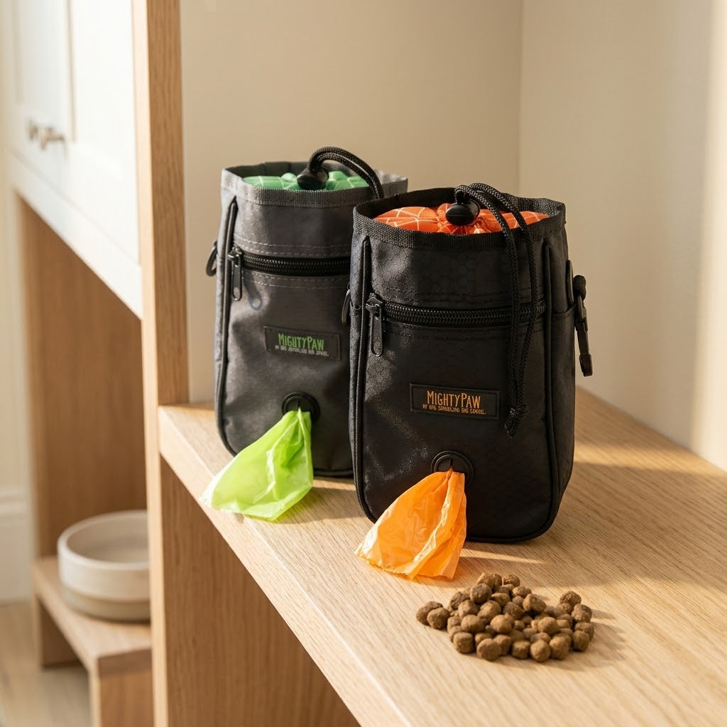 Drawstring Dog Treat Bag with Carabiner and Pick-Up Bags, Grey and Green