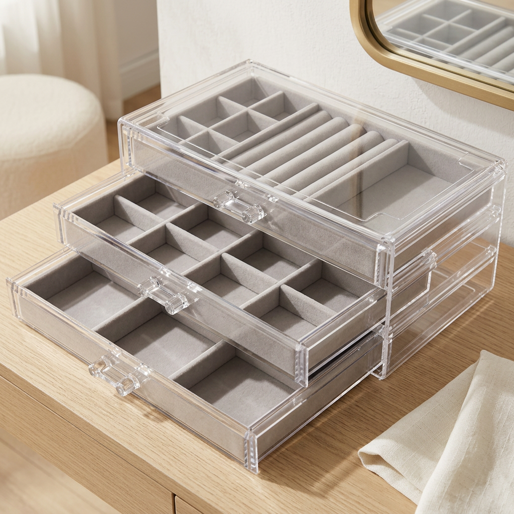 Acrylic Jewelry Organizer with 3 Velvet-Lined Drawers, Grey