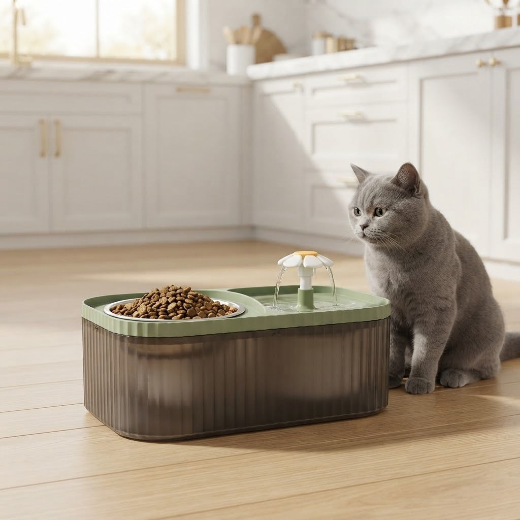 2-in-1 Cat Water Fountain and Food Bowl Station, Green