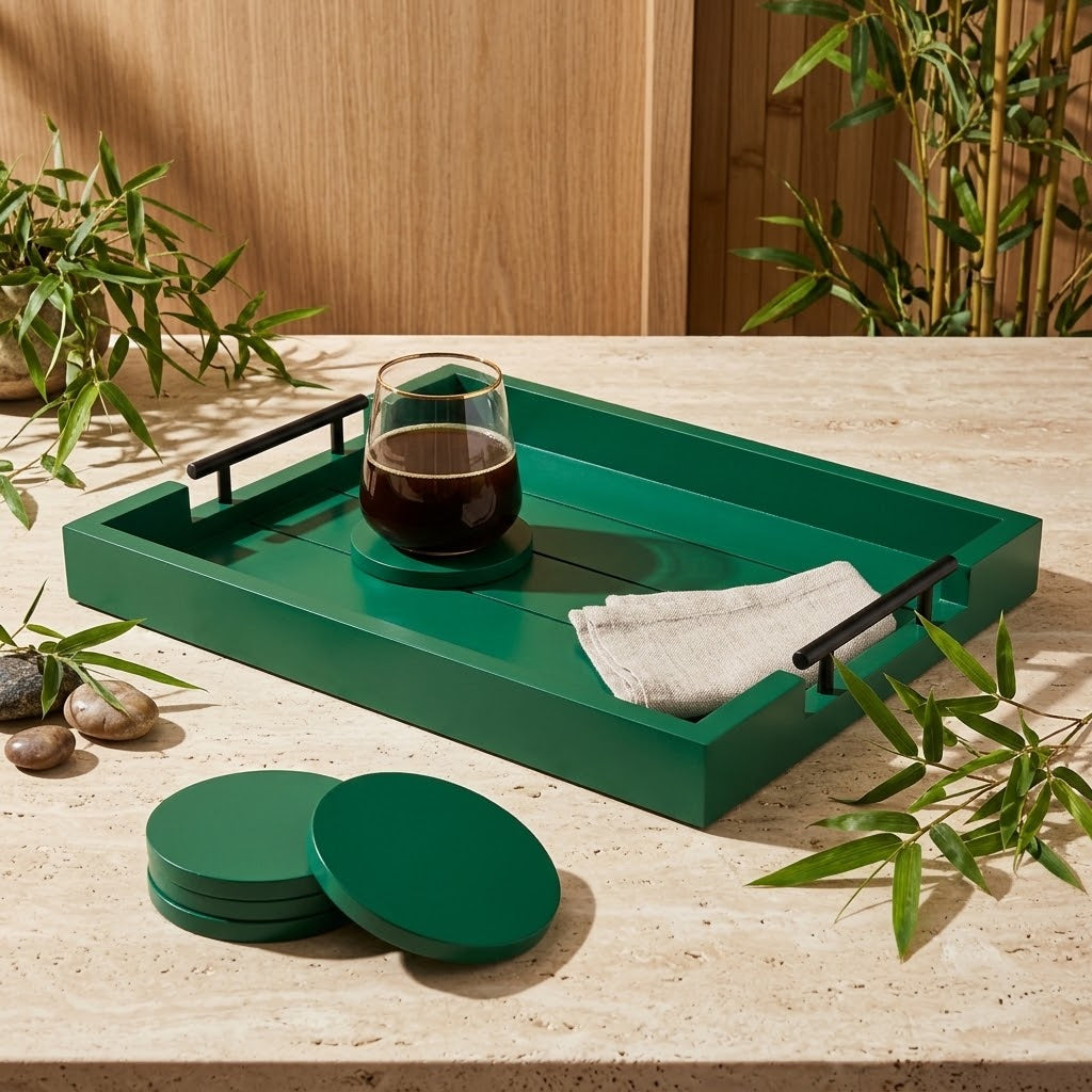 Green Wood Ottoman Tray with Handles and 4 Coasters, 17 x 13 in