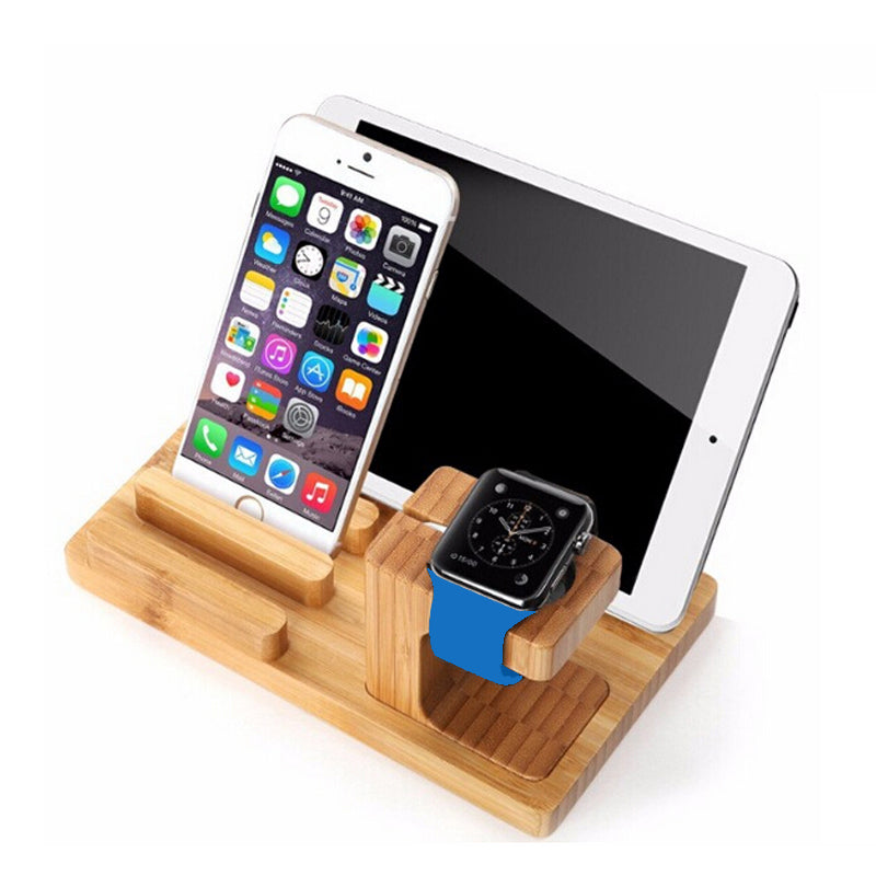 Bamboo Phone, Tablet and Watch Stand with Cable Cutout