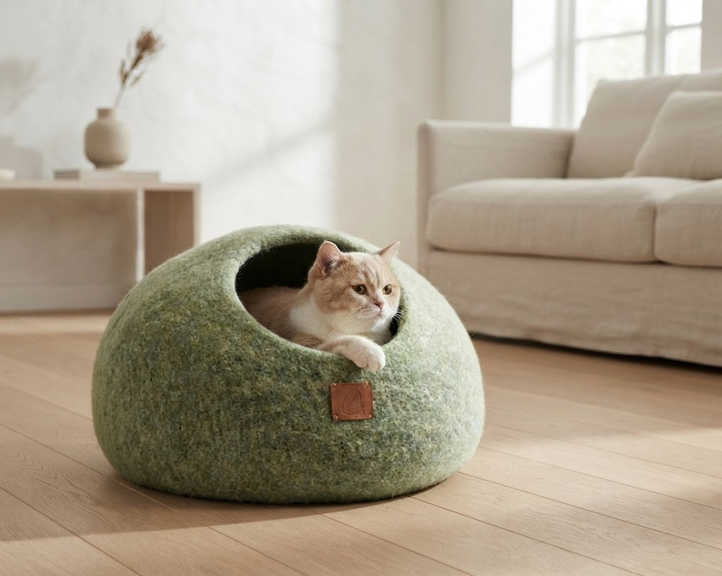 Extra Thick Handmade Felted Wool Cat Cave, Large, Eucalyptus Green