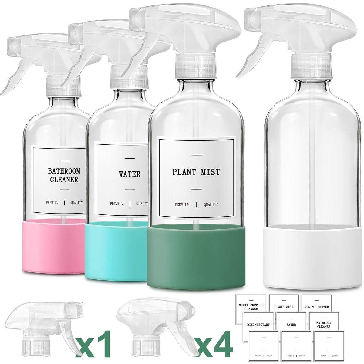 Glass Spray Bottles with 3-Mode Nozzles and Labels, 16 oz, 4-Pack
