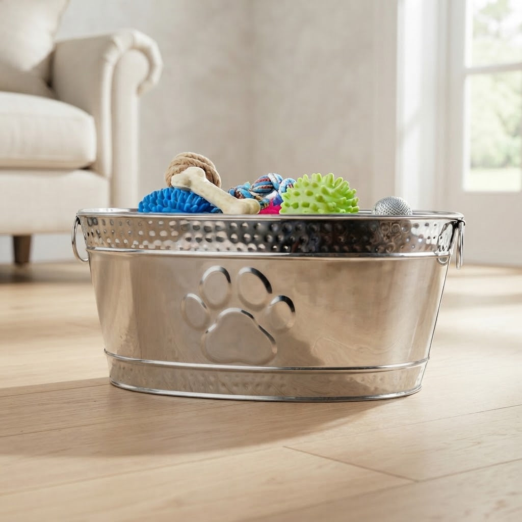 Hammered Stainless Steel Dog Toy Bin with Handles, Paw Print, 15 qt
