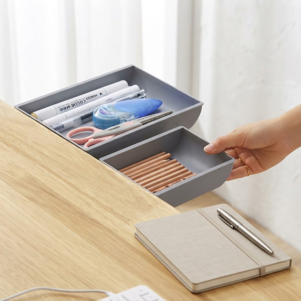 Adhesive Under-Desk Pull-Out Drawer, ABS, White or Grey