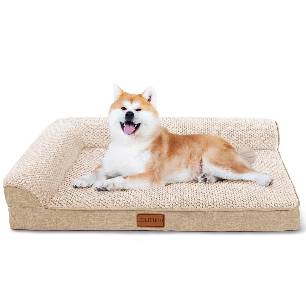 L-Shaped Dog Sofa Bed with Egg Crate Foam and Waterproof Liner, Ivory