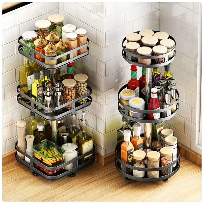 360° Rotating Metal Spice Rack, Square or Round, Black