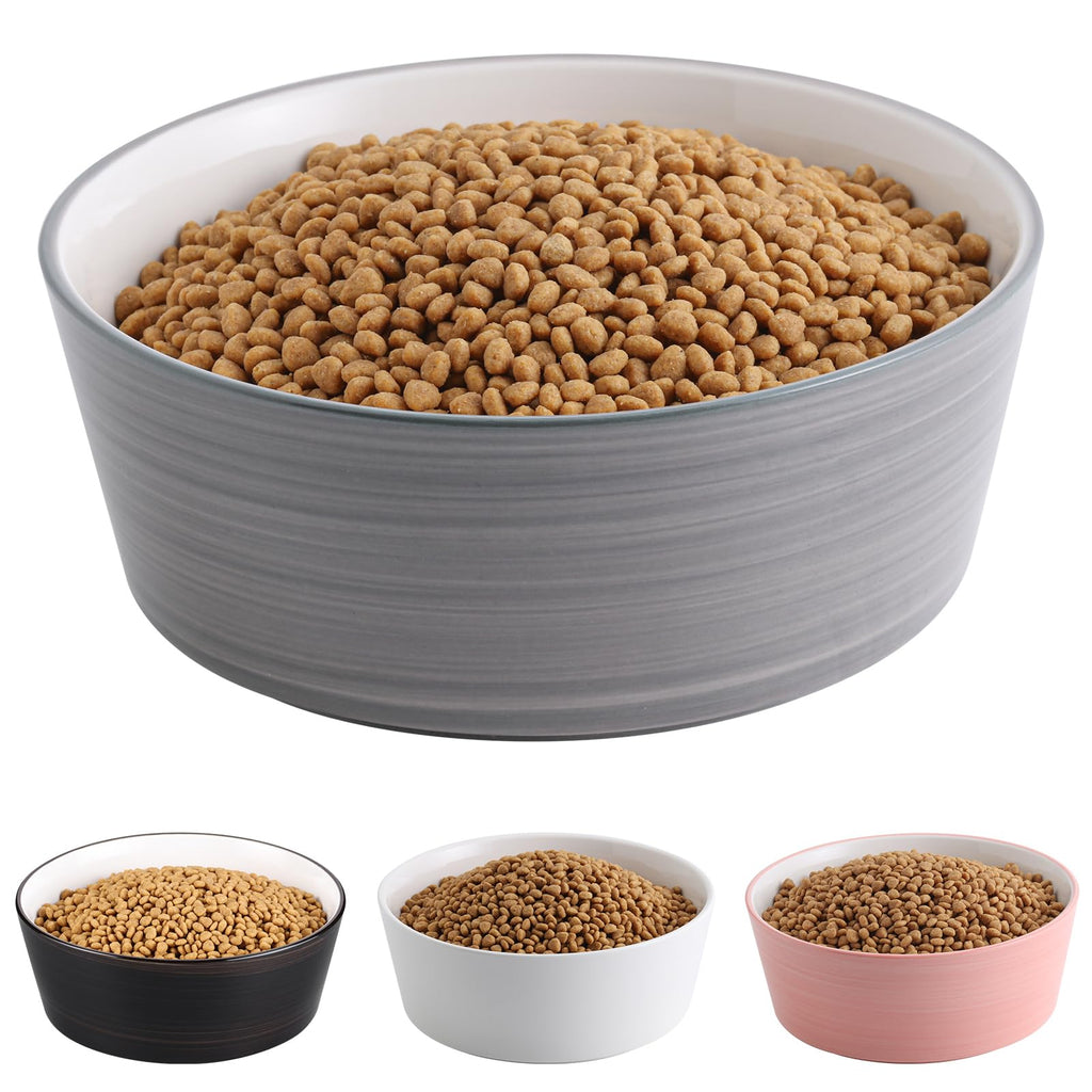 Heavy Ceramic Dog Bowl with Non-Slip Base, 60 oz, 8 in, Grey and White