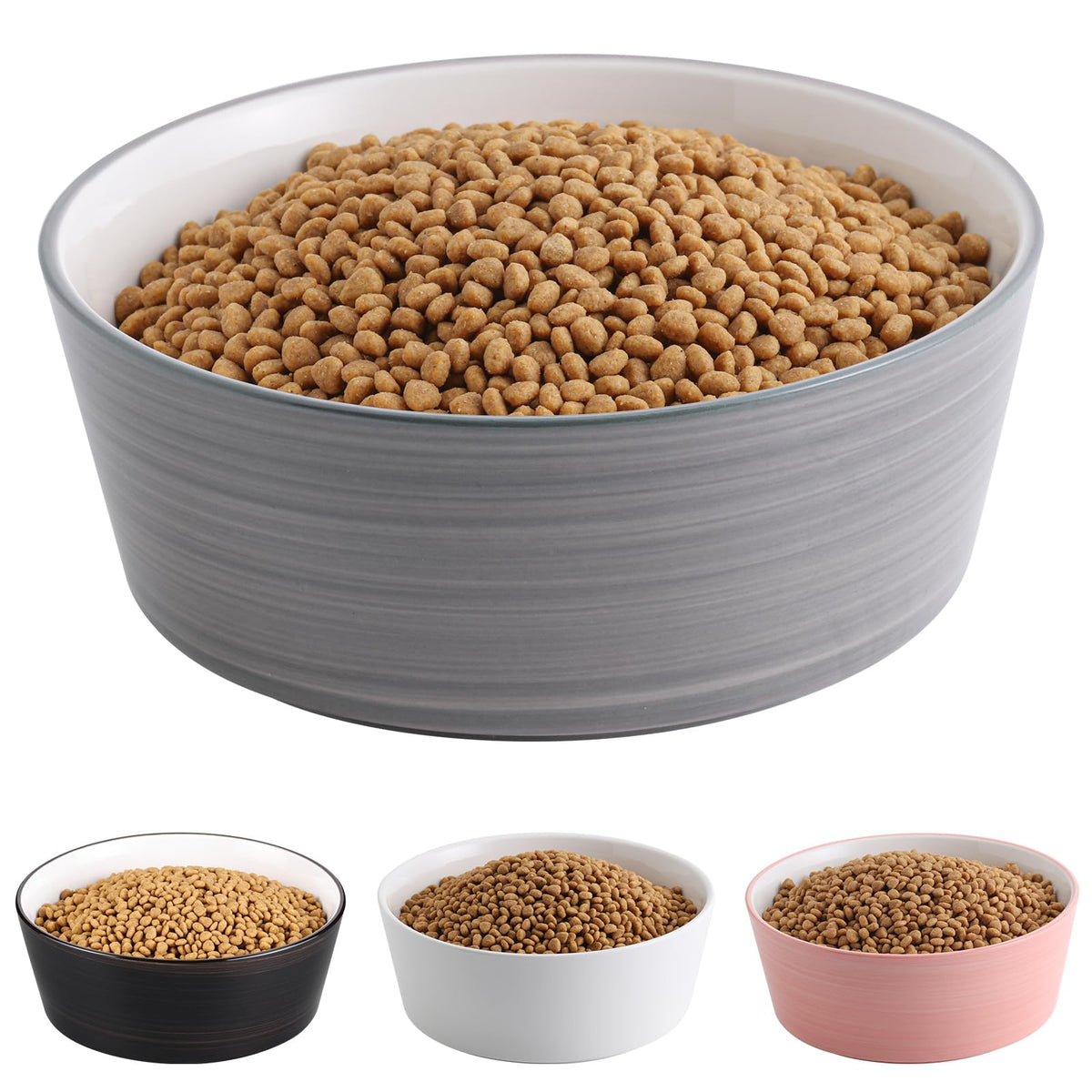 Heavy Ceramic Dog Bowl with Non-Slip Base, 60 oz, 8 in, Grey and White