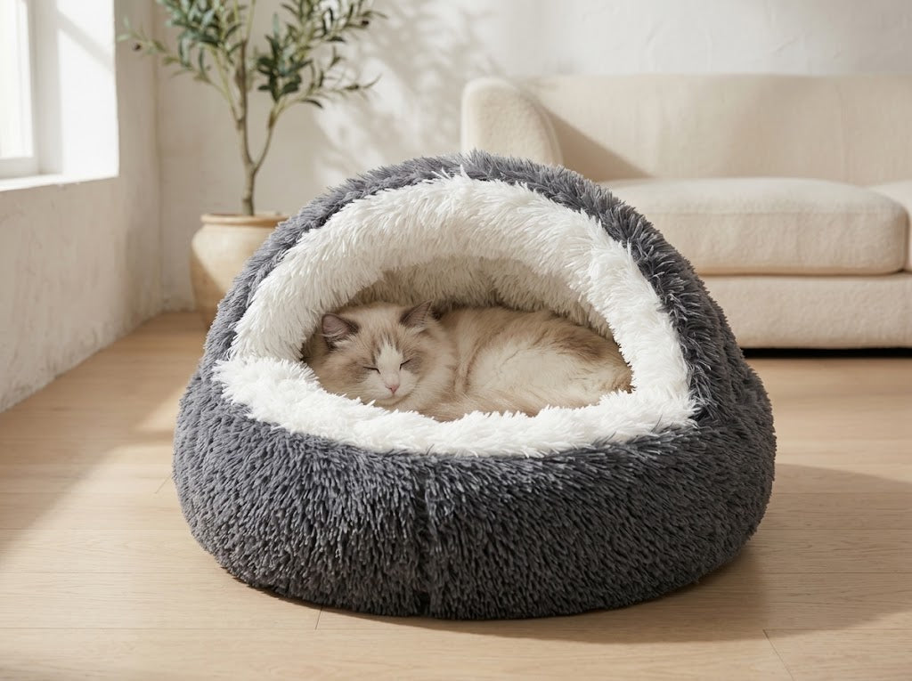 Hooded Donut Cat Bed with Waterproof Non-Slip Base, 20 in, Dark Grey