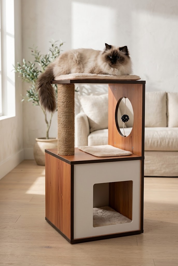 Small Modern Cat Box with Sleeping Cave and Scratching Pillars, Walnut