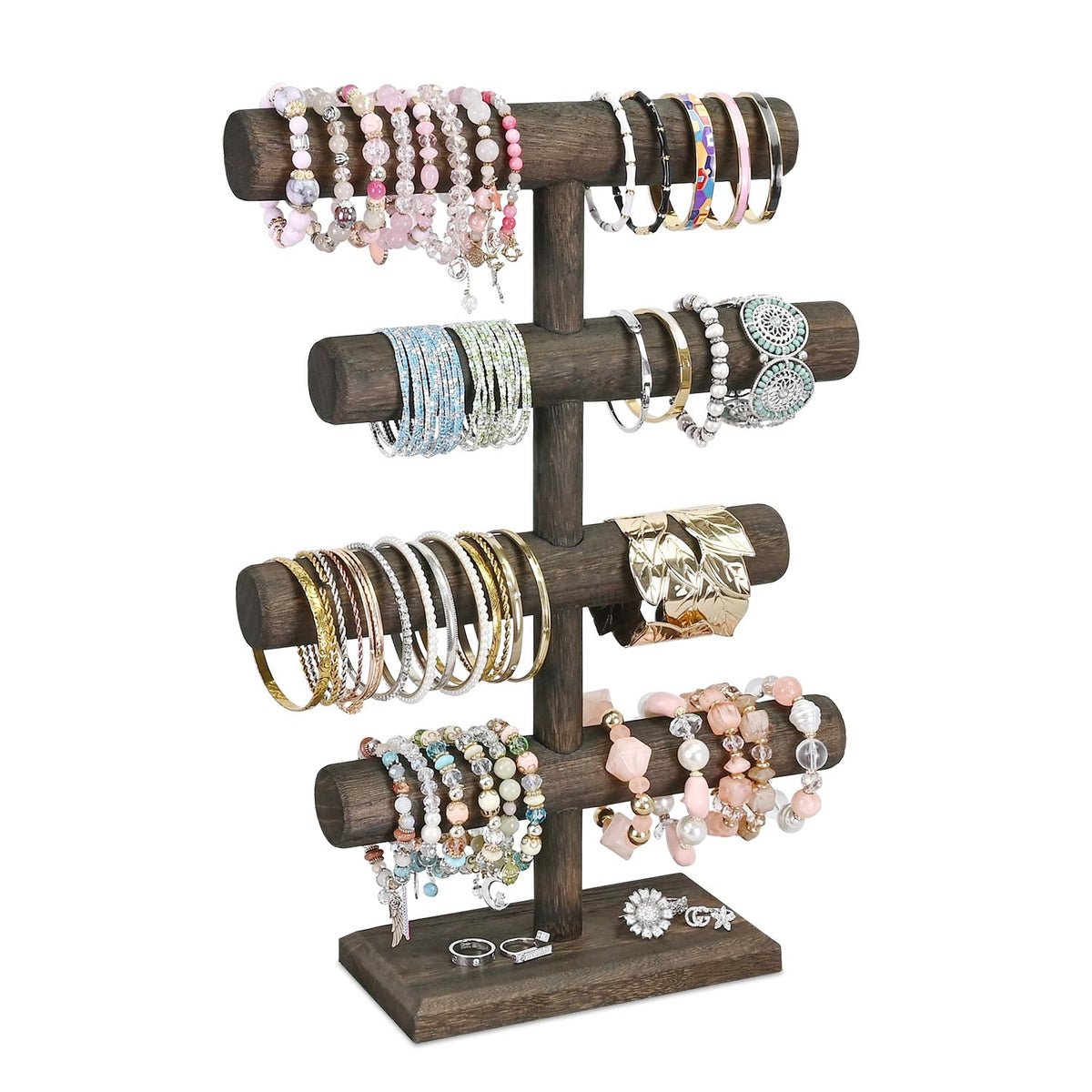 4-Tier Wooden Bracelet and Necklace Display Stand, Dark Brown