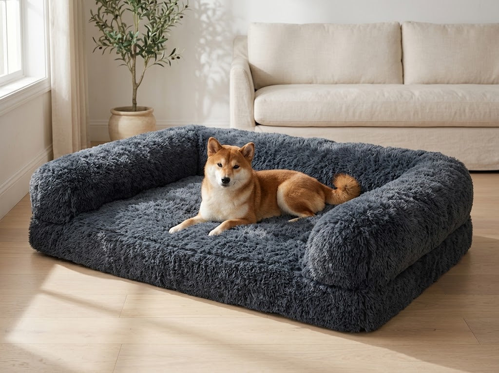 Foldable Human-Size Dog Bed with Memory Foam and Faux Fur, Dark Grey