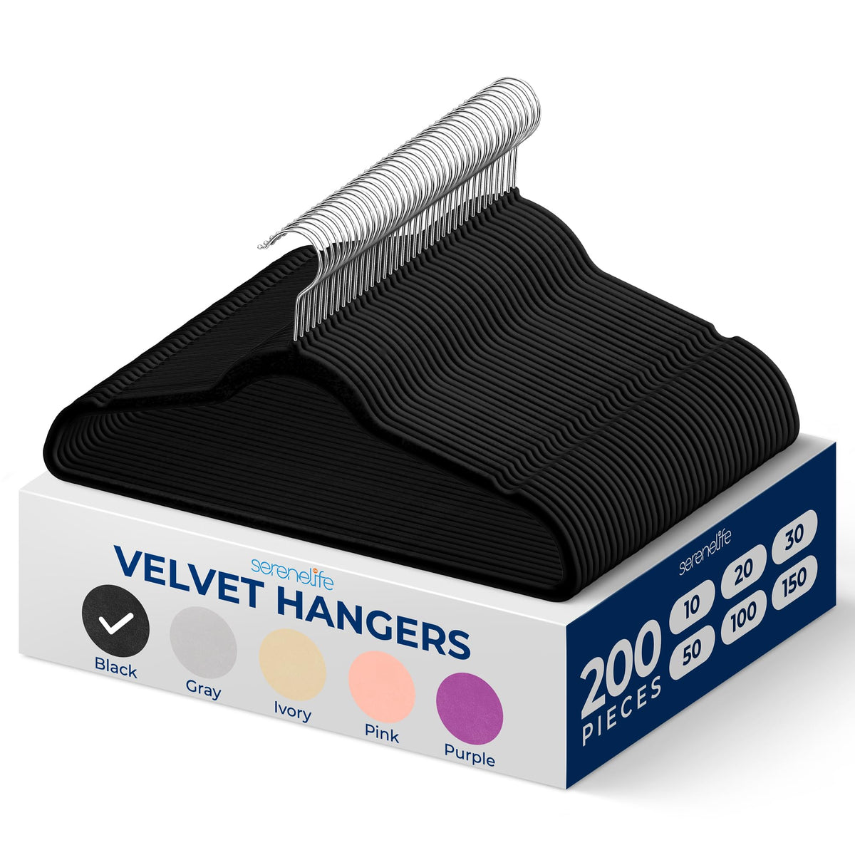 Ultra-Thin Non-Slip Velvet Hangers with Swivel Hook, 200 Pack, Black