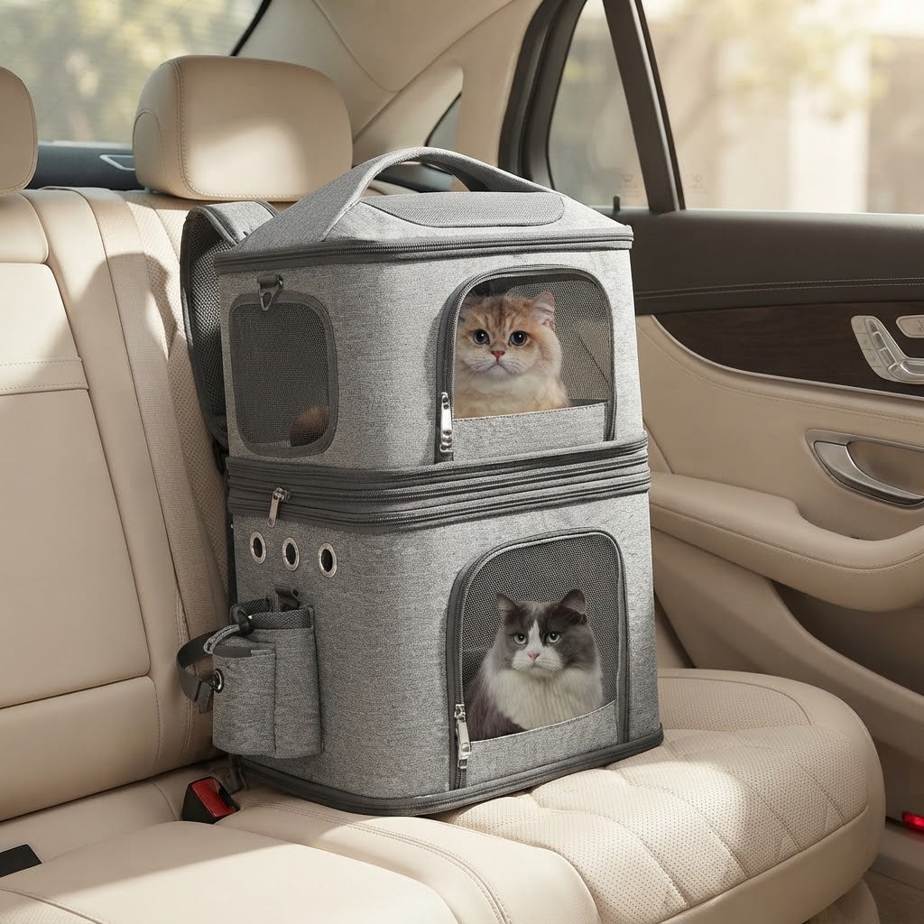 Detachable Double Pet Carrier Backpack for 2 Cats or Dogs, Grey