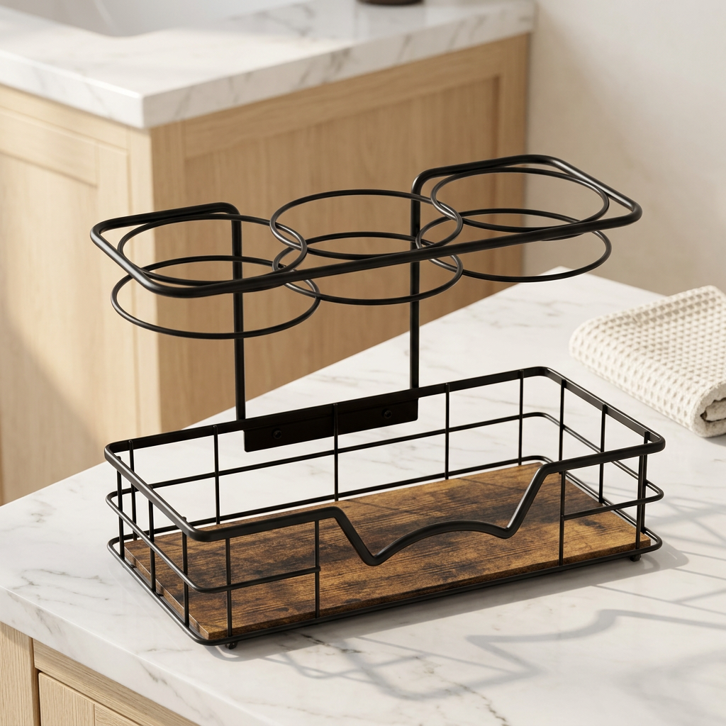 Countertop Hair Tool Organizer, Steel Wire with Walnut Base