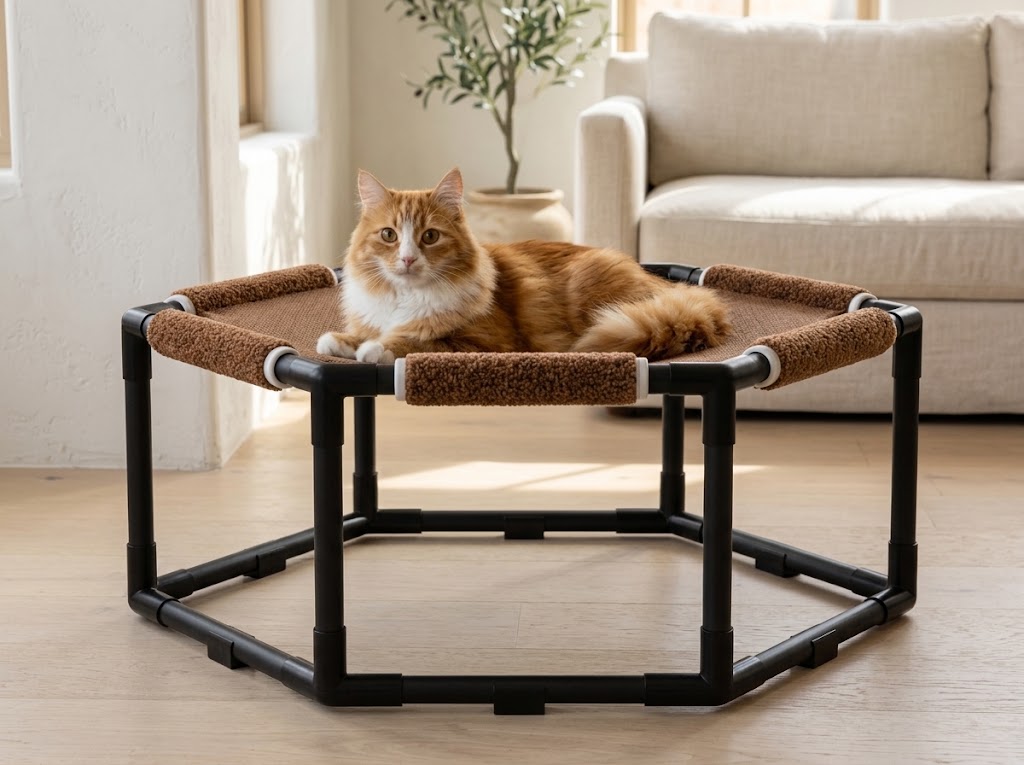 Hexagon Elevated Cat Hammock Bed with Teddy Velvet, 20.5 x 18 in, Brown